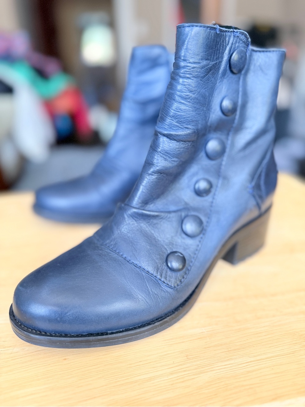 Miz Mooz Navy Leather Button-Front Ankle Boots
